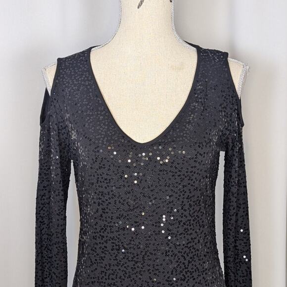 Y2K Cache V Neck Sequin Cold Shoulder Long Sleeve Top Black Size Large - Picture 11 of 11